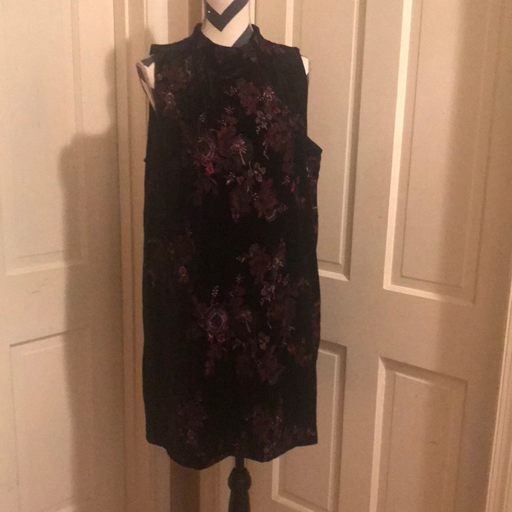 Beige by eci Black Velvet Midi Dress with Purple Floral Embroidery